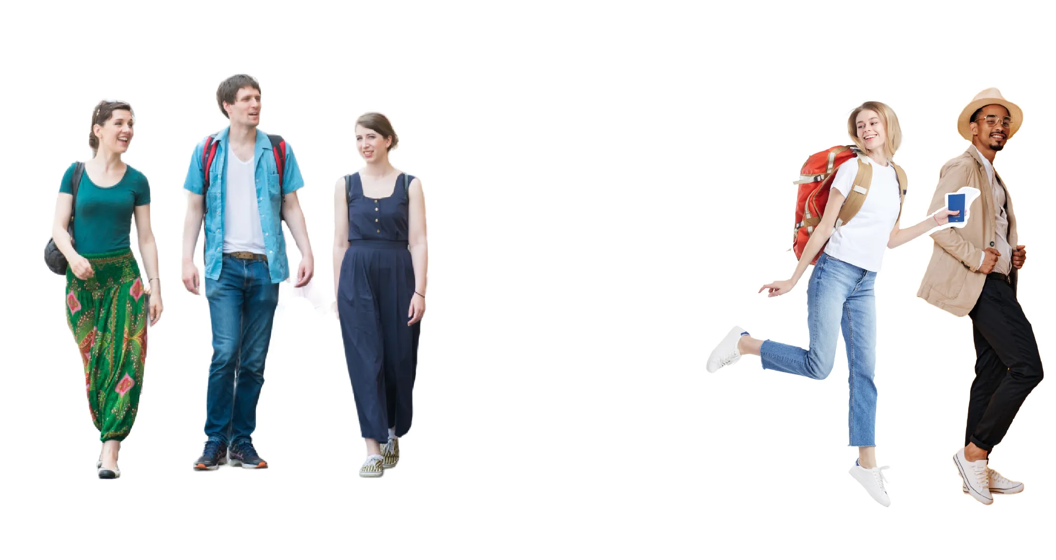 A group of five foreign travelers with backpacks enjoying their journey. Three people walk and chat cheerfully on the left, while a woman with a large backpack and a man in a straw hat stride energetically on the right