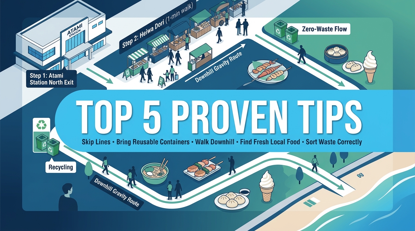 How can you navigate the zero-waste gourmet walking route from Atami Station?