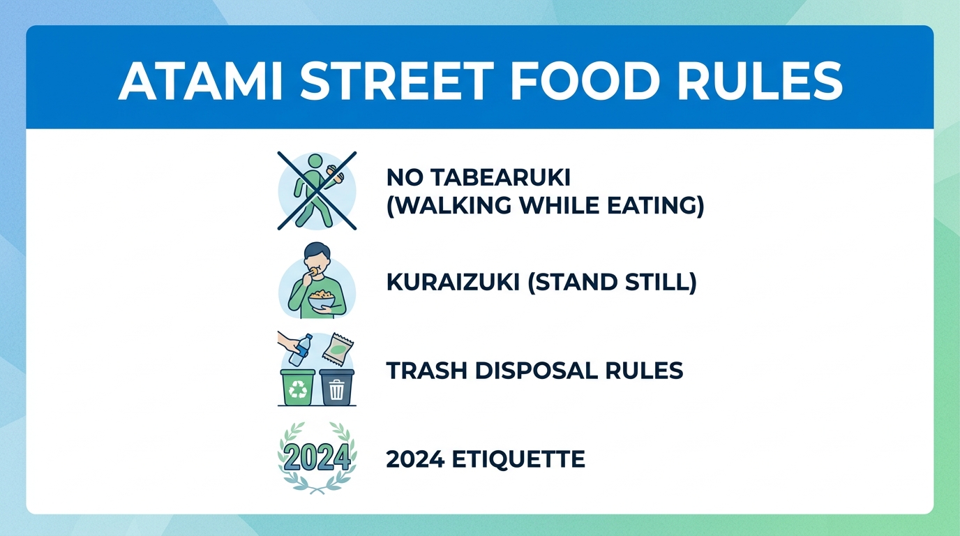 What are the essential rules for seating and trash disposal in Atami?