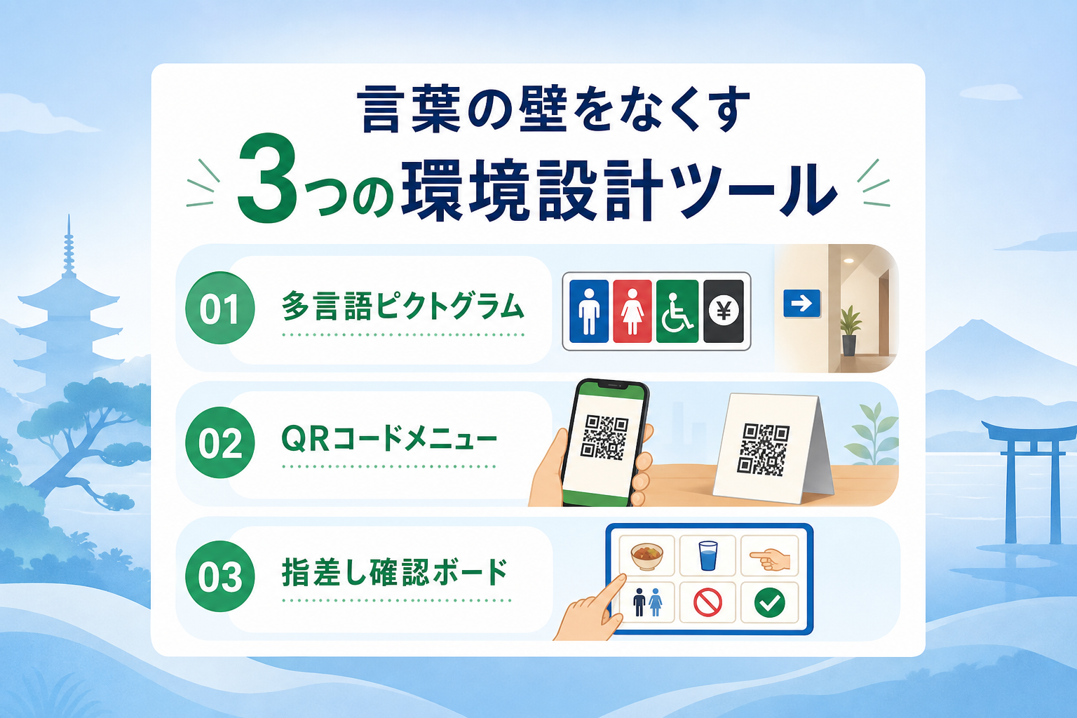 What environmental design techniques reduce the language barrier for non-fluent staff?