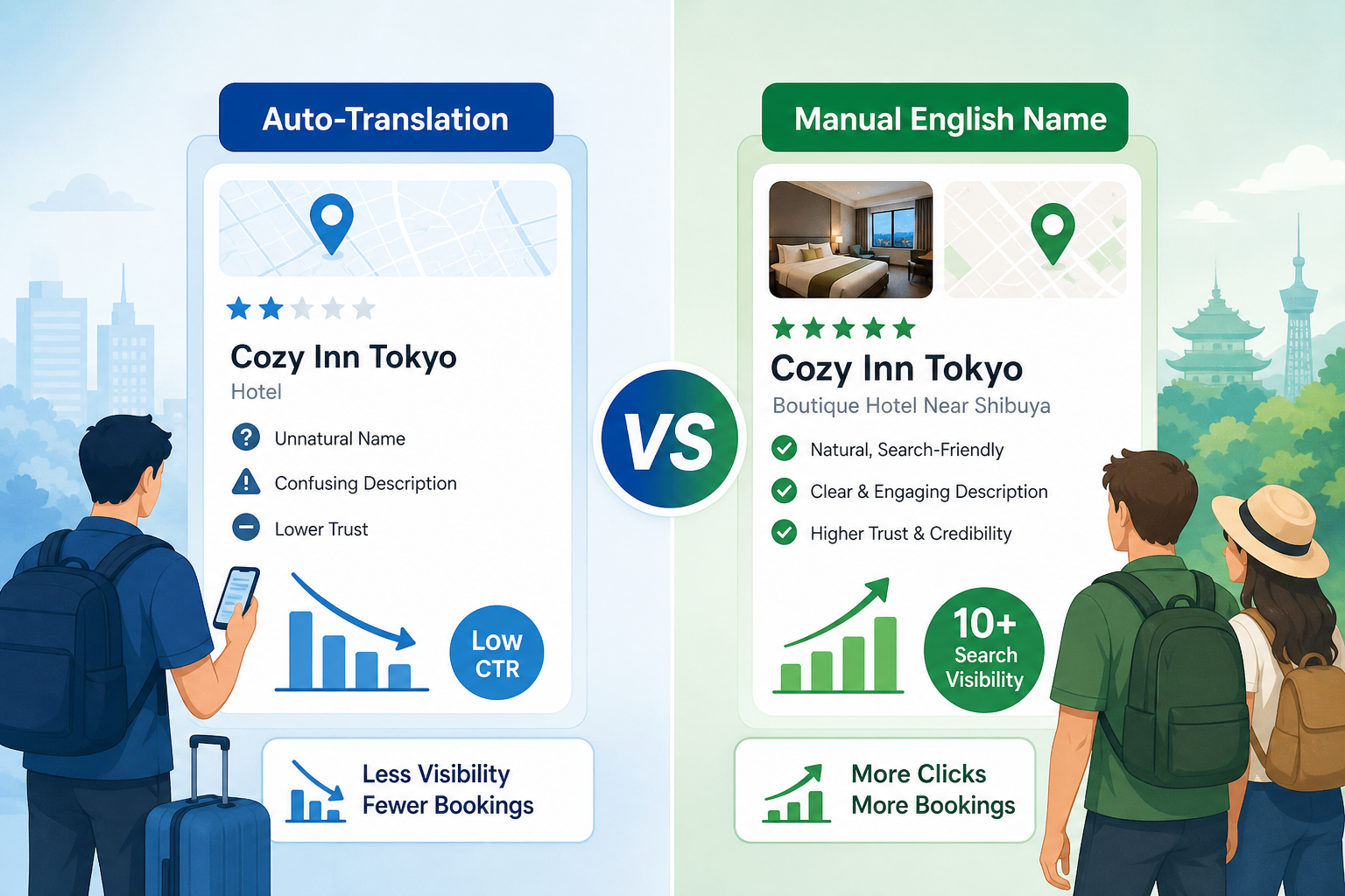 How can you correctly set your business name and basic info for English-speaking travelers?