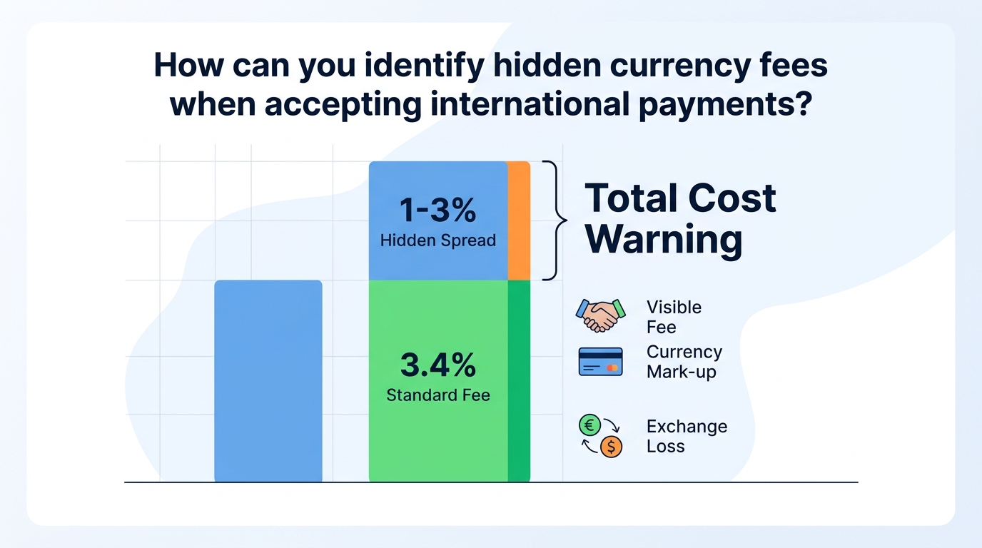 How can you identify hidden currency fees when accepting international payments?