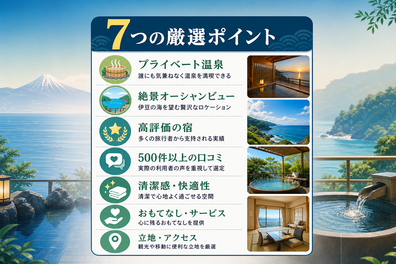 Which are the top 7 Izu accommodations for private baths and coastal scenery?