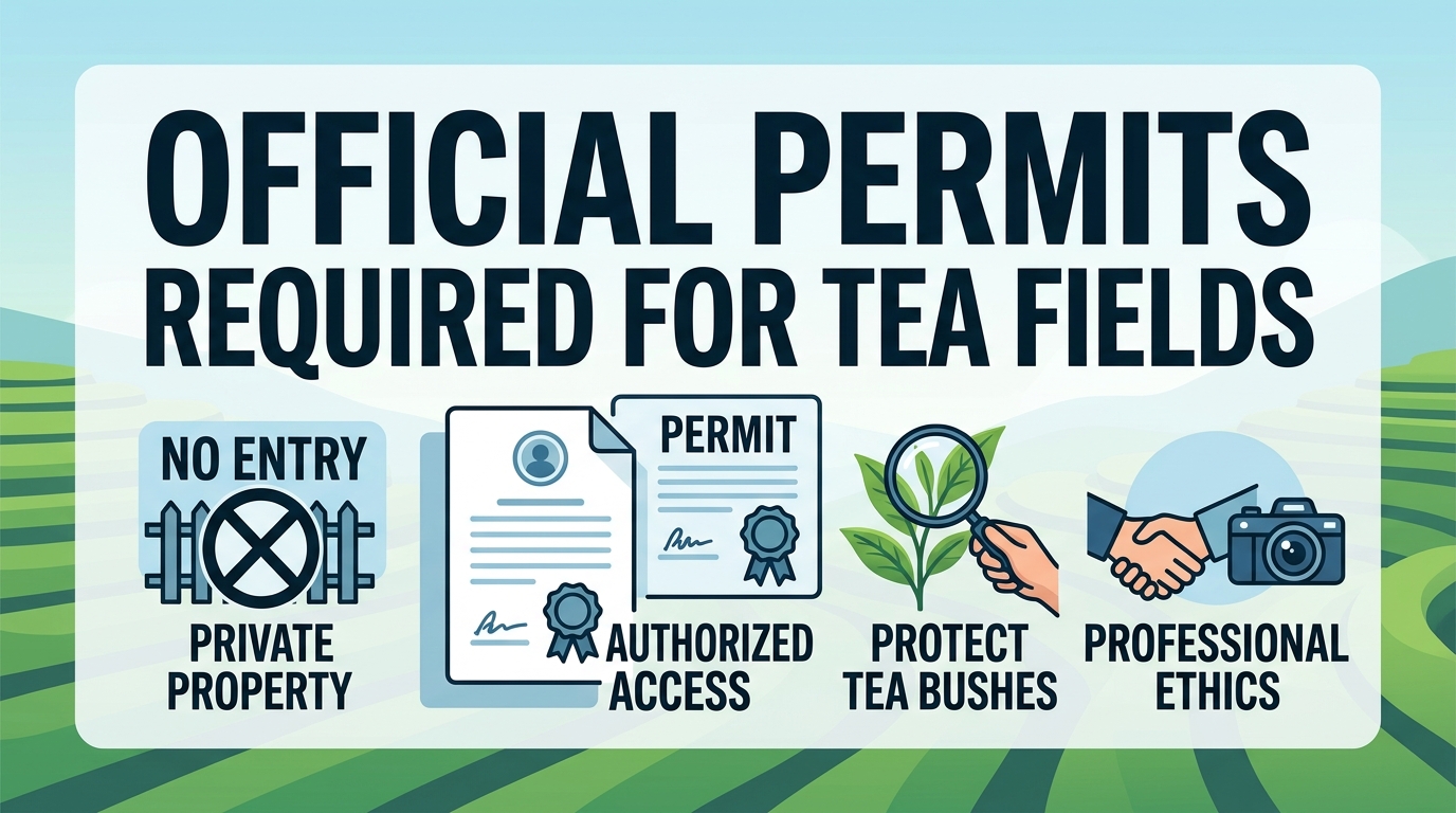 Why are permits required for professional photography in Shizuoka’s private tea fields?