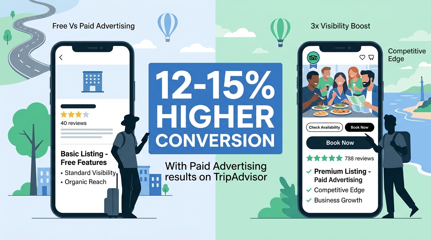 What are the differences between free features and TripAdvisor paid advertising results?